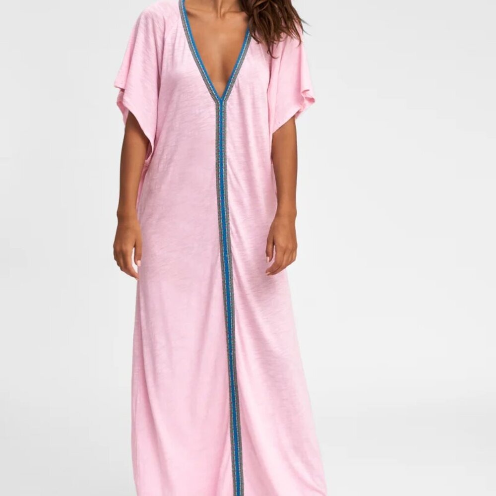 Pitusa Pink V-Neck Maxi Dress Inca Trim Kaftan Cotton Modal Standard Peru